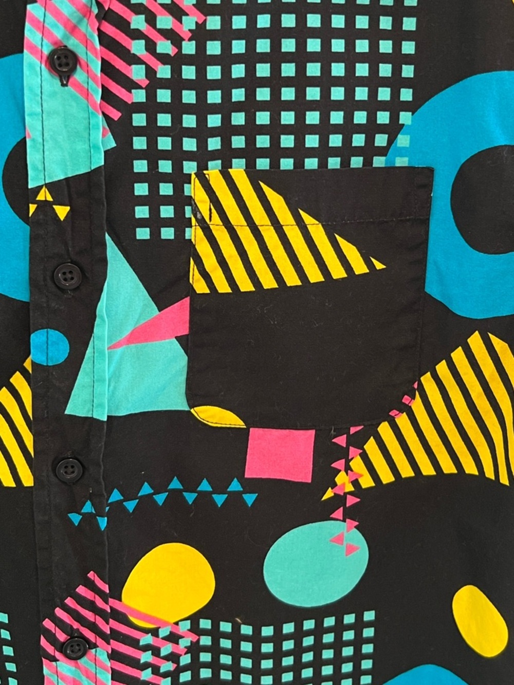 80s Print Geometric Black Yellow Blue Rad SS Button Down Shirt Mens Sz Medium - Picture 3 of 11